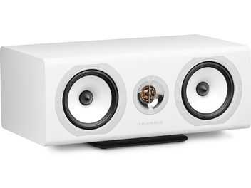 Triangle Solstice C3 center speaker in white, front view, with dual white drivers and central gold tweeter
