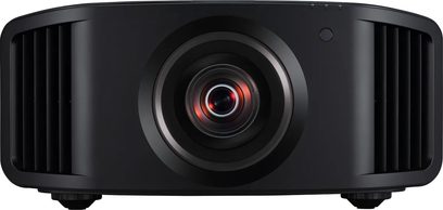JVC DLA-NZ800 -videoprojektori, musta, etunäkymä, keskitetty linssi konsentrisilla renkailla, tuuletusritilä