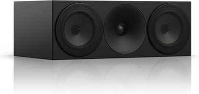 Amphion Argon 5C sort højttaler, frontvisning, 2 runde højttalere og 1 diskant, rektangulært mat sort kabinet