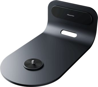 Hisense WM8Q videoprojektör desteği, siyah metal görünüm, merkezde vida ve oval yuva bulunan eğri taban, 3/4 görünüm