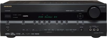 Onkyo TX-SR576 sort hjemmebiografsforstærker, frontpanel med display, knapper og drejeknapper til justering, USB-port og hovedtelefonstik