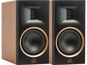 Pair of MartinLogan Motion Xt B100 walnut bookshelf speakers, black fronts with copper-ringed tweeters and woofers
