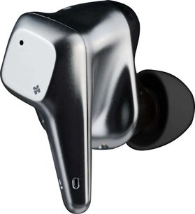 Écouteur intra-auriculaire Bluetooth Hifiman Svanar Wireless gris métallisé à coque métallique lisse avec panneau externe blanc carré, tige allongée perforée et embout silicone noir, gros plan vue trois-quarts