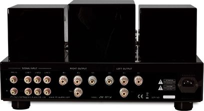 Line Magnetic LM-88IA sort rørforstærker, frontvisning, 6 signalindgange, 2 højttalerudgange, forgyldte knapper og stik