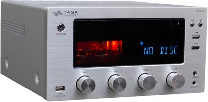 Taga Harmony HTR-1000CD V.3 sølv høyttalersystem, frontpanel med LED-skjerm, knapper og kontakter på forsiden