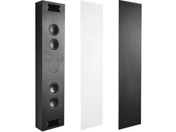 Zapustitelný subwoofer PMC Ci140 sub v třech provedeních: tmavé dřevo, bílá a černá, se čtyřmi kulatými reproduktory