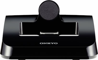 Onkyo DS-A4 sort dockingstation, set forfra, med dock til mobilenhed og integreret rund højttaler