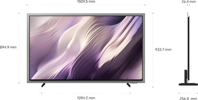 Samsung TQ65S99H TV 2026 set forfra og i profil, tynd skærm med sorte kanter og abstrakt lilla visuel