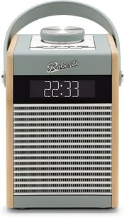 Radio da tavolo Roberts Rambler Midi blu anatra con lati in legno chiaro, griglia metallica orizzontale e display digitale centrale sotto il logo, maniglia arcuata, vista frontale