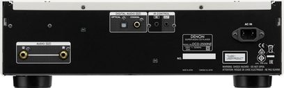Odtwarzacz CD Denon DCD-2500NE w kolorze srebrnym, widok z przodu, przedni panel z wyświetlaczem, przyciskami i złączami z tyłu