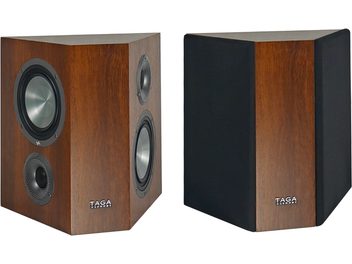 Taga Platinum S-100 V.4 valnød bipolar baghøjttaler, trapezformet, 3 sølvfarvede højttalere, mørkt træ