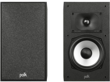 Акустична система Polk Audio Monitor XT20 чорного кольору, вигляд спереду та збоку, твітер і вуфер, корпус із чорного дерева