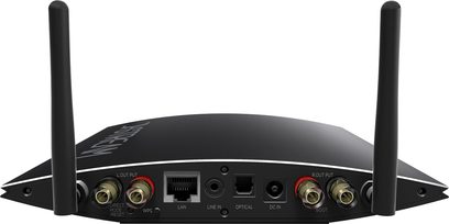 Hi-fi stereo zesilovač Nuprime D-Stream WAMP200SB černý, pohled zepředu, 2 Wi-Fi antény, konektory vzadu