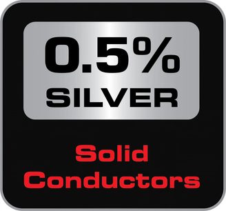 Logo "0,5% SILBER" und Text "Solid Conductors" auf schwarzem Hintergrund, was auf ein Audioquest HDMI-Kabel mit 0,5% Silberanteil hindeutet