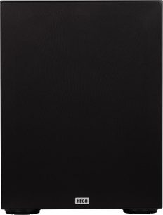 Heco AURORA XT Sub 30A subwoofer zwart, vooraanzicht, rechthoekig zwart rooster, rechthoekig logo gecentreerd onderaan