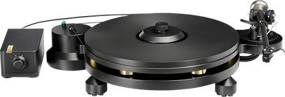 Gramofon Michell Engineering REVOLV T8 Cusis E czarny, z okrągłym złotym talerzem i oddzielnym modułem sterującym