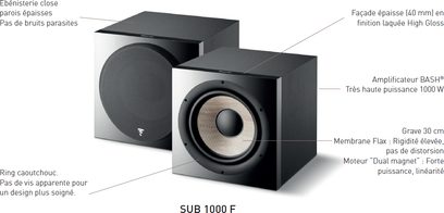Focal SUB 1000 F juodas žemų dažnių garsiakalbis, uždaras korpusas, storis priekinis skydelis, 1000 W BASH stiprintuvas, kieta Flax membranos medžiaga, dvigubas magnetinis variklis