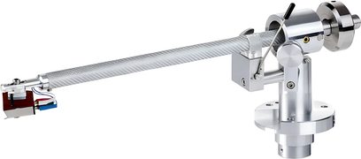 Stříbrné raménko ClearAudio Concept Pack Silver Edition z platiny, strukturovaná trubice, dřevěná phono přenoska v bočním detailu