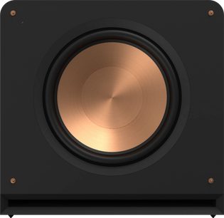„Klipsch RP-1600SW" žemų dažnių garsiakalbis, priekinis vaizdas, apvalus varinis garsiakalbis, matinės juodos spalvos kvadratinis rėmas