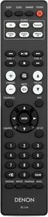 Sort Denon RC-1214 fjernbetjening med knapper til at styre et mini hi-fi-anlæg: kilde, tuner, CD, lydstyrke osv.