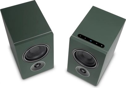 Coppia di diffusori connessi PSB iQ2 verde scuro, vista dall’alto, altoparlanti neri e comandi touch