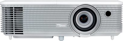 Optoma HD27LV hvid projektor set forfra, sort linse, vandret ventilationsgitter
