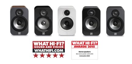 Five black speakers of varying sizes, from smallest to largest, with a Q logo and two What Hi-Fi? awards