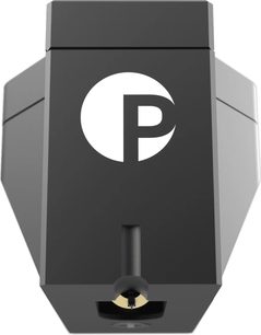 Pick It MC9 Cartridge for Hi-Fi Turntable, Front View, Angular Black Body, White Circular Logo with the Letter "P", Visible Stylus