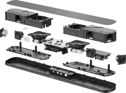 Zvuková lišta Sennheiser AMBEO Soundbar Mini v černé barvě, explodovaný pohled na vnitřní komponenty na bílém pozadí