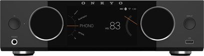 Černý stereo hi-fi zesilovač Onkyo Y-40, pohled zepředu, středový displej PHONO, dva velké kulaté knoflíky, sluchátkový výstup a USB port