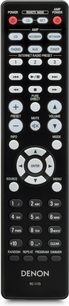 Czarny pilot Denon RC-1173 z okrągłymi białymi i czerwonymi przyciskami, wyświetlaczem LED, do stereofonicznego wzmacniacza hi-fi