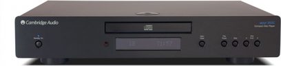 Cambridge Audio Azur 350C sort CD-afspiller, frontpanel, frontvisning, blå display, knapper og CD-skuffe