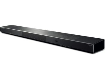 Yamaha YSP-1600 juoda garso sistema, vaizdas iš priekio, metalinis tinklelis per visą ilgį, integruotas ekranas