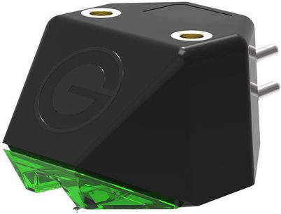 Sort trapezformet Goldring E2 vinylpickup-enhed, grøn diamantspids, forgyldte audioudgange, bagmontering
