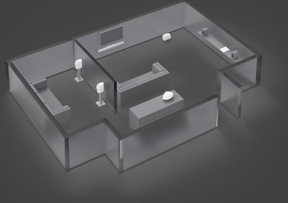 3D gråtonet eksploderet visning af en Bowers & Wilkins Formation Bar soundbar, der viser de interne højttalere og komponenter