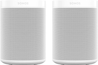 To trådløse, tilsluttede Sonos One SL-højttalere i hvid set forfra med perforeret metalgitter på hele overfladen