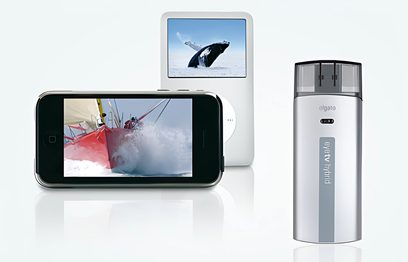 Elgato EyeTV Hybrid, iPhone, skærm der viser en hval, der springer ud af vandet, sølvfarvet kabinet med USB-stik