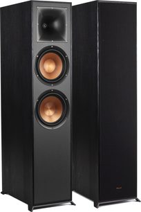 Enceintes colonnes Klipsch R-820F noires, vue de face, deux haut-parleurs ronds dorés sur façade noire, grille amovible