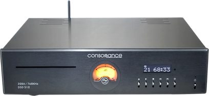 Přehrávač CD Consonance CDS 120 černý, pohled zepředu, oranžový displej "AP" uprostřed, 6 tlačítek vpravo, Wi-Fi anténa vzadu