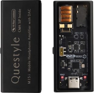 Hodetelefonforforsterker i høyoppløselig lydkvalitet M15i, front- og innvendig visning, rektangulært svart kabinett, synlige elektroniske kretser, USB-C-tilkoblinger