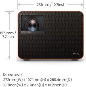 Проєктор Benq X3100i чорного кольору, вид спереду, розміри: 272 мм у ширину, 197,1 мм у висоту та 259,4 мм у глибину