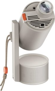 Replacement lens for XGIMI projector, angled view, gray cylinder, lens on top, black grille, beige cord