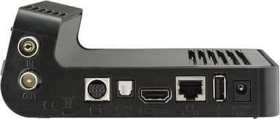 Toshiba STB2F sort TV-boksdekoder, set oppefra, bagfra tilslutninger HDMI, Ethernet, lyd/video, strømforsyning