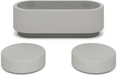 Trådløs tilsluttet højttaler Sony HT-AX7, set forfra, rektangulær form, grå farve, 2 aftagelige cirkulære moduler