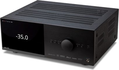 Anthem MRX 740 8K sort hjemmebiograf-forstærker, frontpanel med LED-display "-35.0", knapper og stik, set forfra