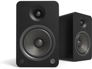 Mat zwarte Kanto YU4 draadloze luidspreker set, rechthoekige behuizing met matte afwerking en afgeronde hoeken, zichtbare geweven woofer en ronde tweeter aan de voorzijde, driekwart vooraanzicht