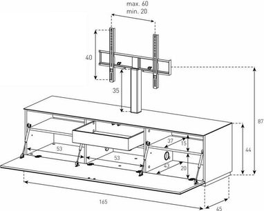 Hvidt TV-møbel med TV-holder, 2 glashylder, 2 skuffer og dimensioner i mm på teknisk diagram set forfra