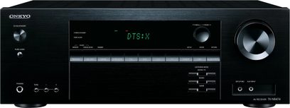 Onkyo TX-NR474 sort hjemmebiografsforstærker, frontpanel, frontvisning, grøn "DTS:X"-skærm, frontknapper og -stik