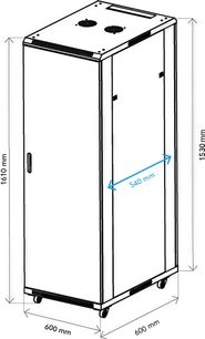 Audiovizuální skříň Norstone Pro Rack 32U obdélníkového tvaru s předními dveřmi, kolečky, dvěma kruhovými otvory na horní straně, rozměry uvedeny.