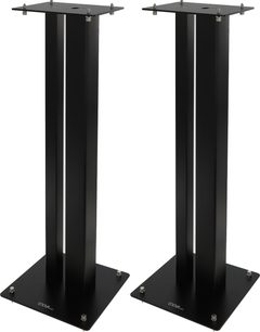 Přední pohled na podstavec Enova HIFI MAJESTY 80 BL, dvě rovnoběžné černé sloupy, čtvercové základny s argentovými šrouby